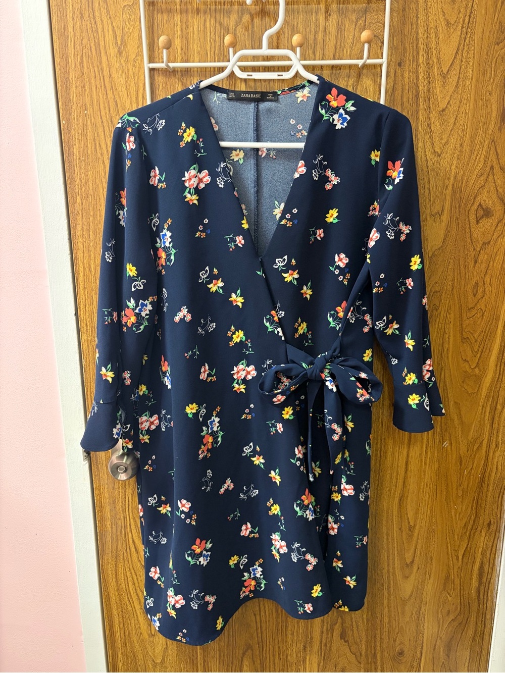 Zara Navy Floral Wrap-Style Long Sleeve Dress with Tie